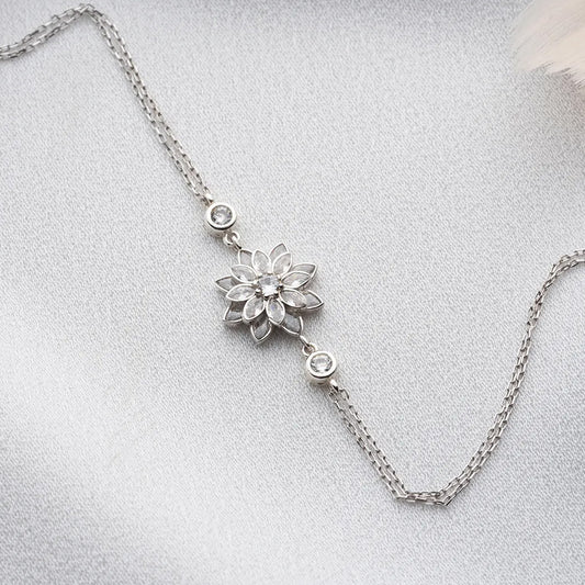 White Zircon Stone Lotus Bracelet -925 Sterling Silver