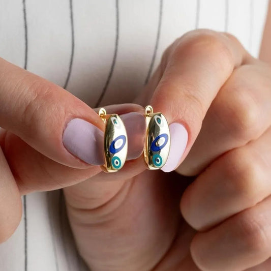 Gold Enamel Nazar Silver Earrings - 925 Sterling Silver