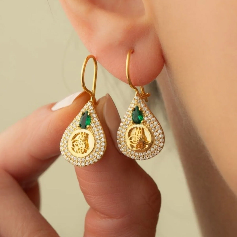 925er Silber-Ohrringe mit Gold-Zirkonstein und Tugra-Motiv