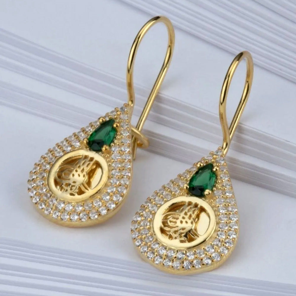 925er Silber-Ohrringe mit Gold-Zirkonstein und Tugra-Motiv