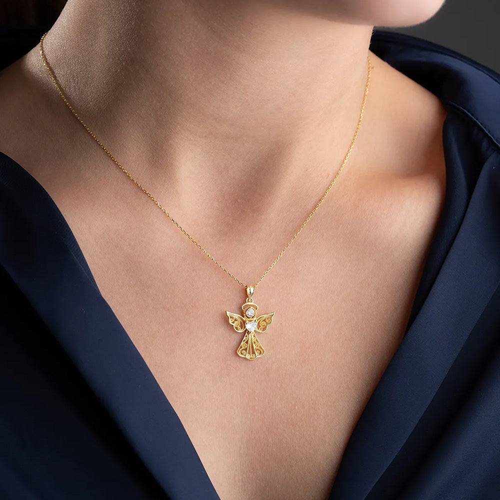 925 Sterling Silver Gold Light Heart Angel Necklace