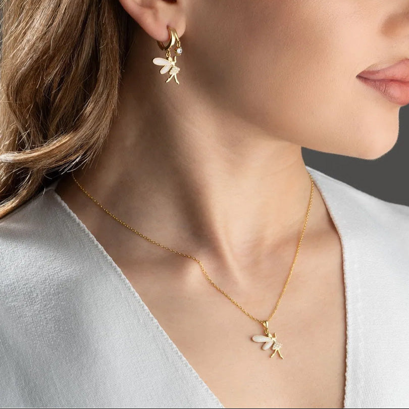 925 sterling silver fairy necklace earrings set - gold plated