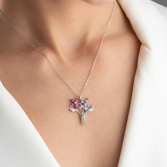 925 Sterling Silver Flower Bouquet Necklace