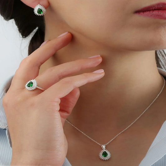 925 Sterling Silver Green Stone Nostalgic Jewelry Set (3 Pieces)