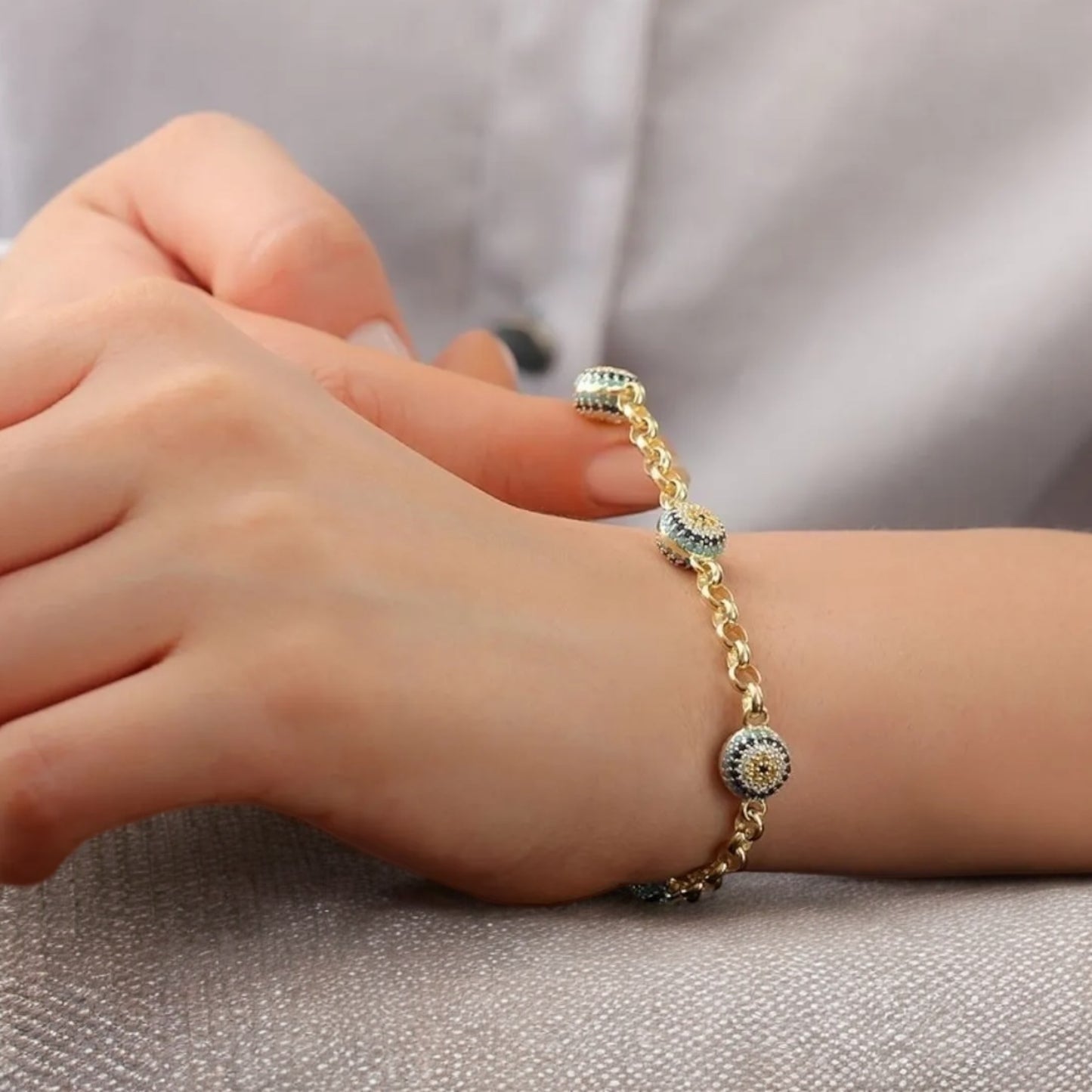 Gold Plated Evil Eye 5 Ball Silver Bracelet