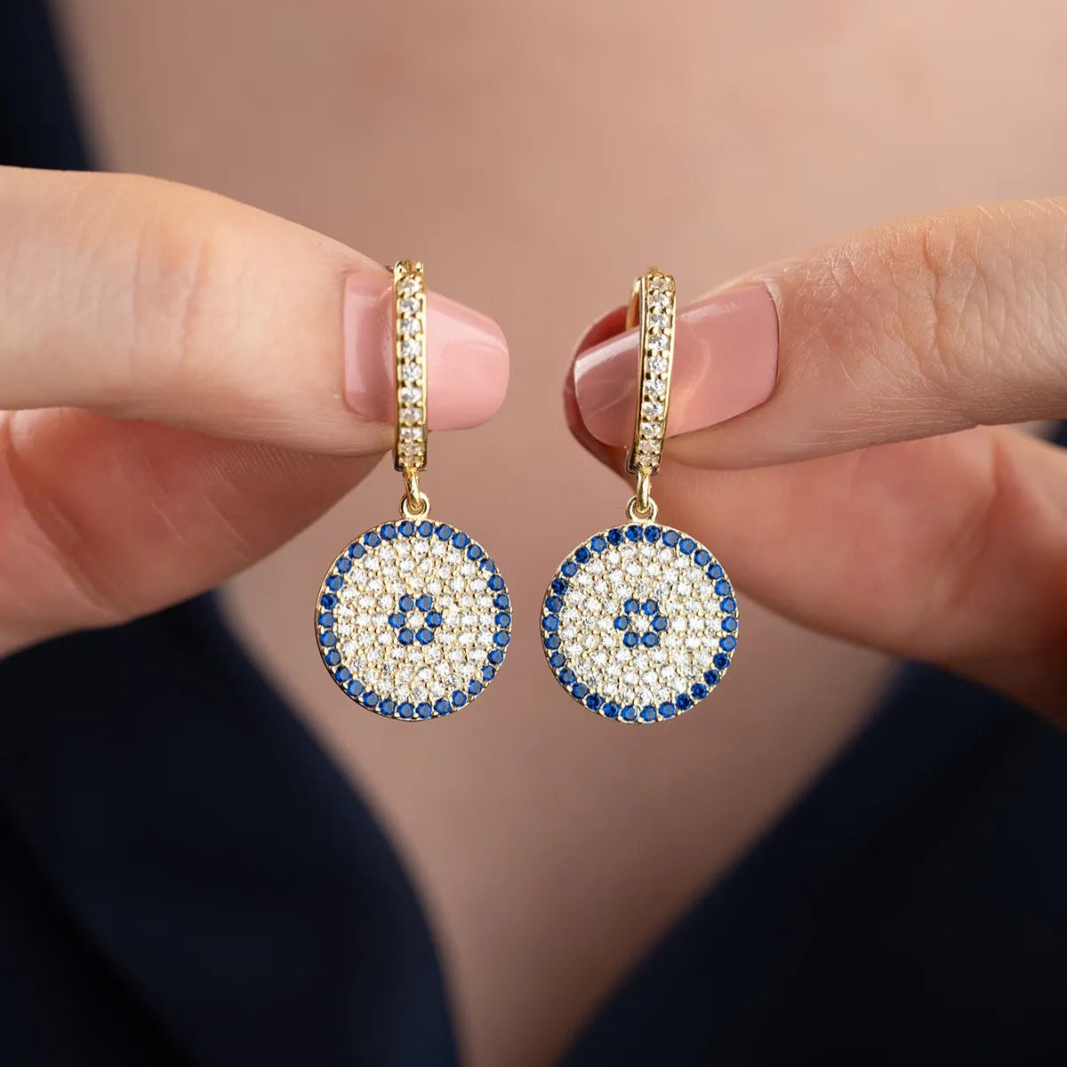 Blue Aura Nazar Yuvarlak Küpe – 925 Ayar Gümüş