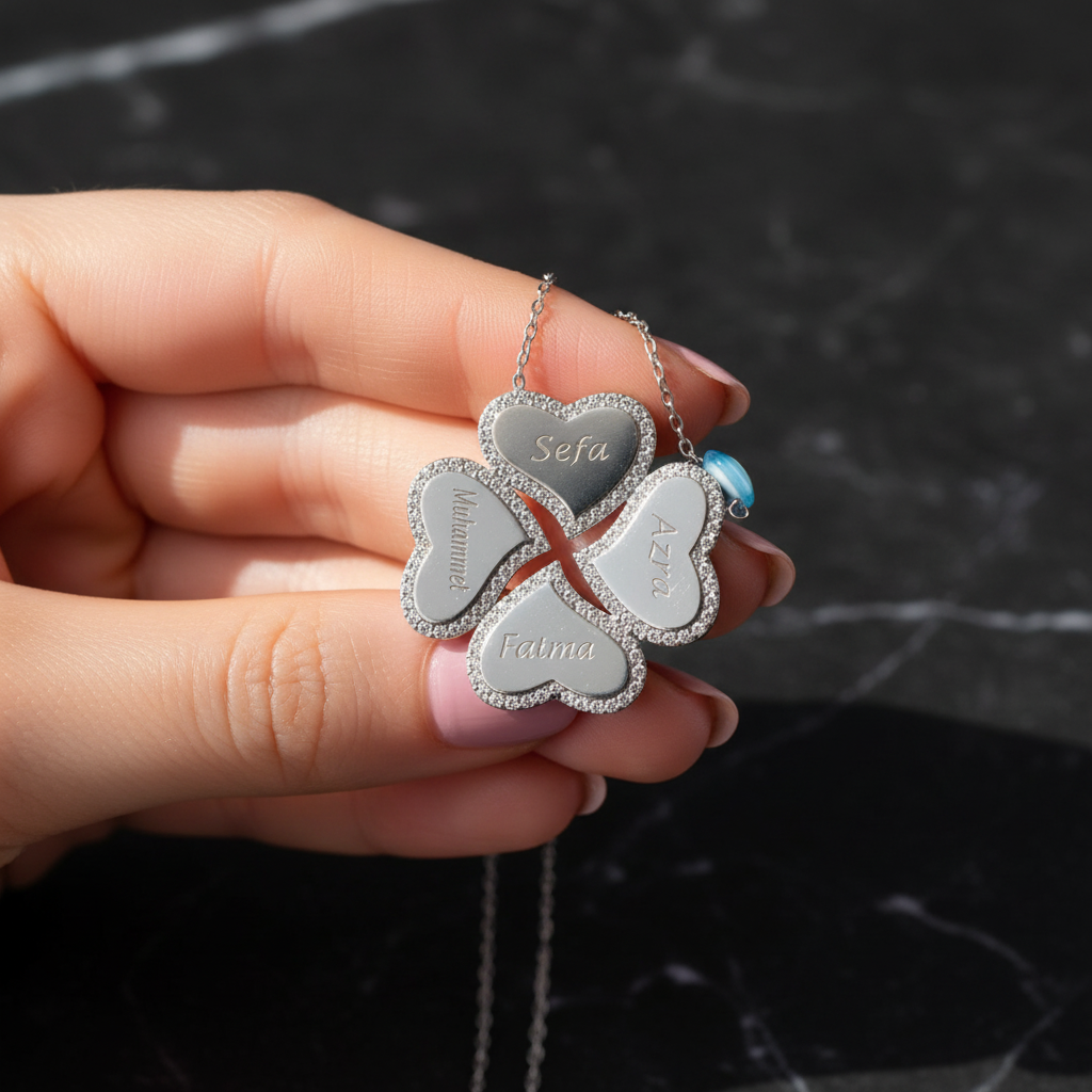 Anneye Özel İsimli Aile Yoncası Kolye