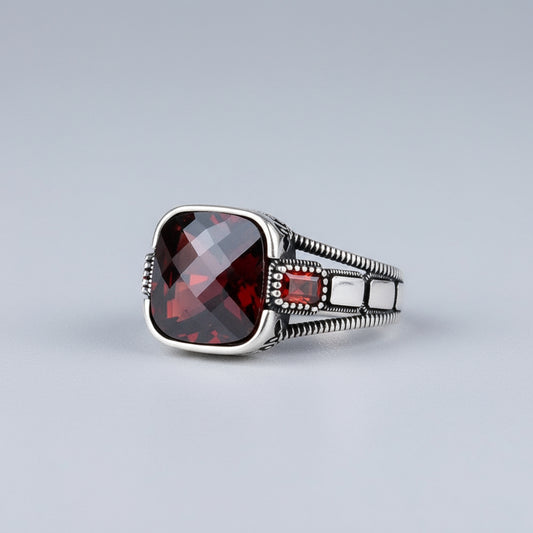 925 Sterling Silver Red Stone Men's Ring