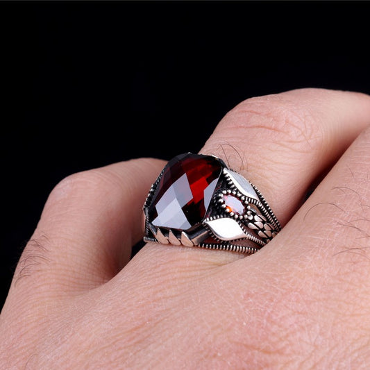 925 Sterling Silver Red Stone Men's Ring