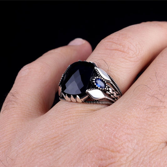 925 Sterling Silver Large Navy Blue Stone Men's Ring