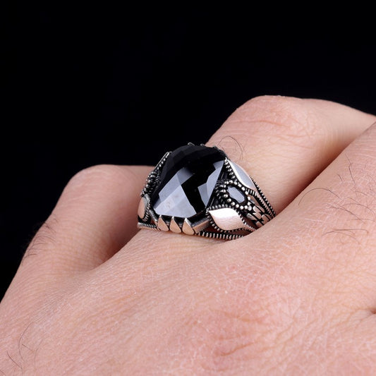 925 Sterling Silver Big Black Stone Men's Ring