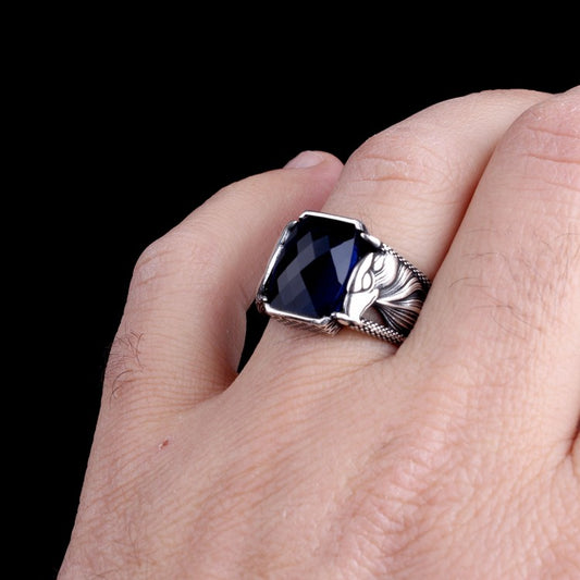 925 Sterling Silver Eagle Motif Blue Stone Men's Ring