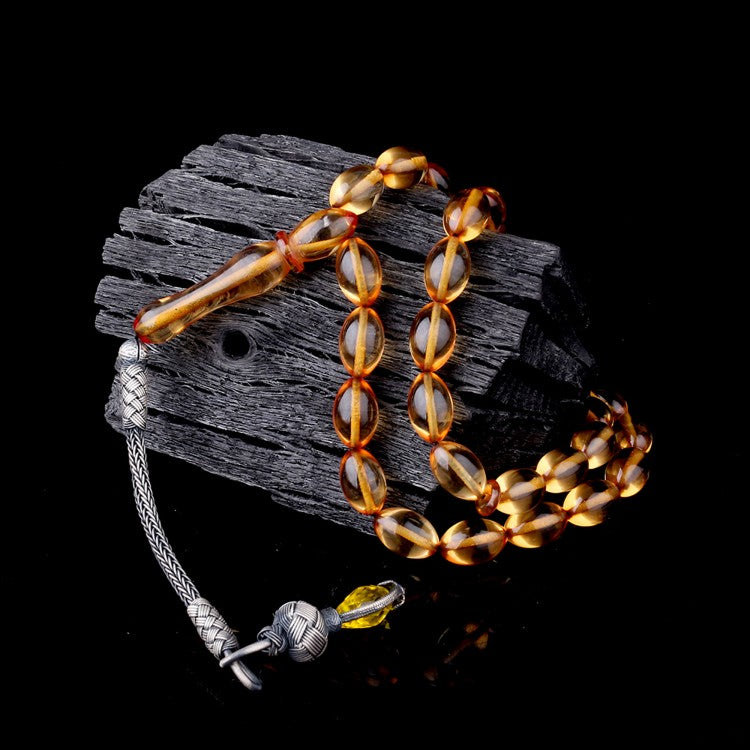 1000 Ayar Gümüş Püsküllü Arpa Kesim Ateş Kehribar Tesbih