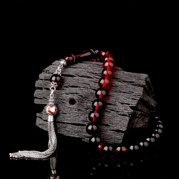 925 Ayar Gümüş Ayyıldız Püsküllü Ateş Kehribar Tesbih