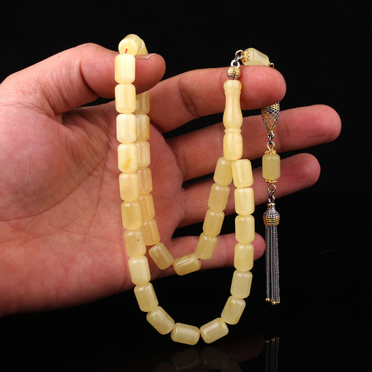 925 Ayar Gümüş Püsküllü Kesme Model Damla Kehribar Tesbih