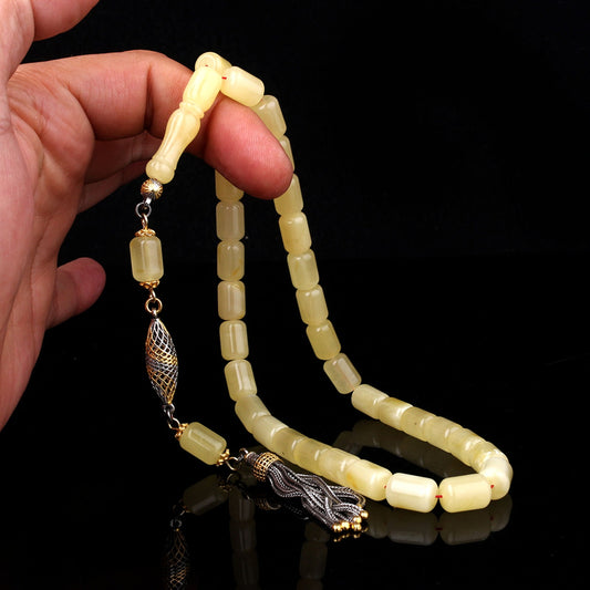 925 Ayar Gümüş Püsküllü Kesme Model Damla Kehribar Tesbih