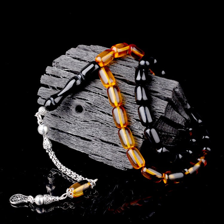 925 Ayar Gümüş Püsküllü Sarı-Siyah Süzme Kehribar Tesbih