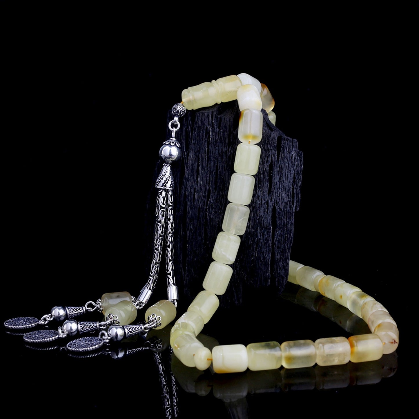 925 Ayar Gümüş Kral Püsküllü Kapsül Kesim Damla Kehribar Tesbih