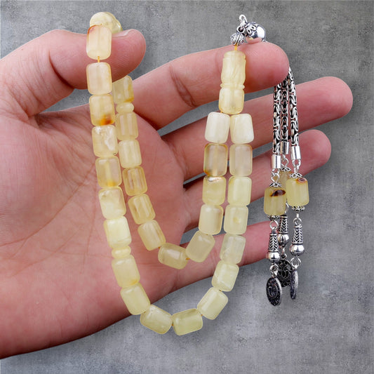 925 Ayar Gümüş Kral Püsküllü Kapsül Kesim Damla Kehribar Tesbih