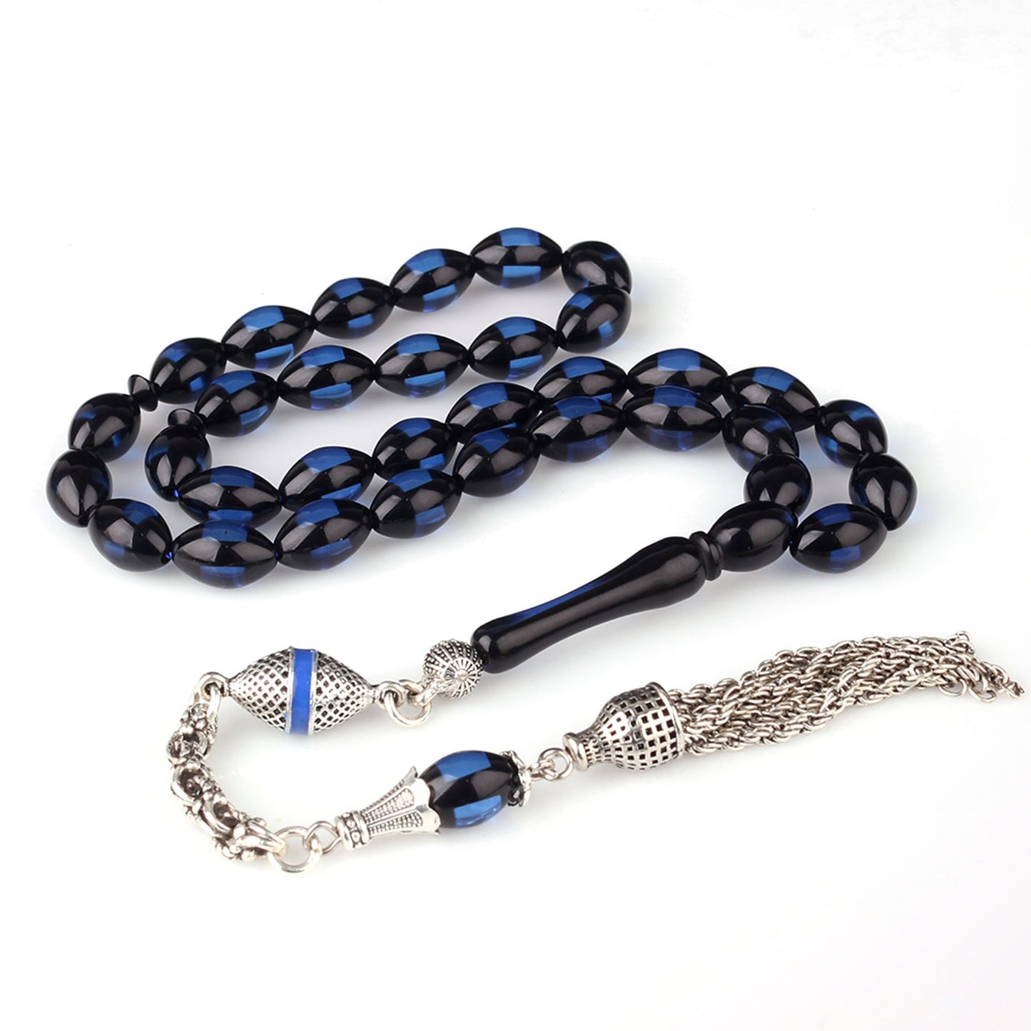 Sürmeli Lacivert-Siyah Ateş Kehribar Tesbih (Alpaga Mine Püsküllü)