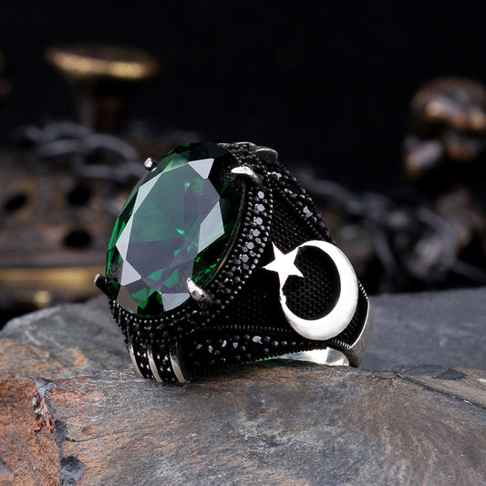 925 Ayar Gümüş Yeşil Zirkon Taşlı Ayyıldız Model Yüzük