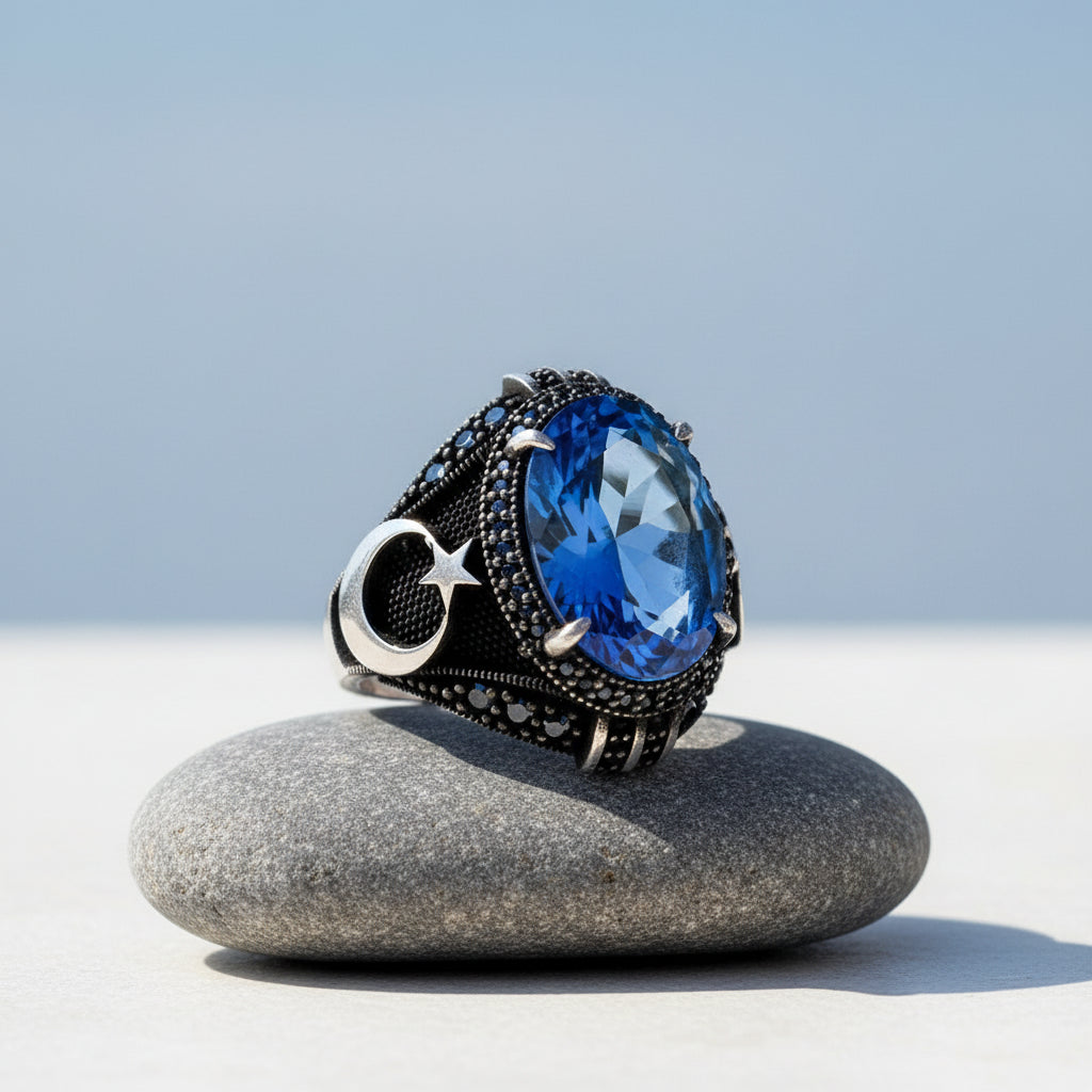 925 Ayar Gümüş Lacivert Zirkon Taşlı Ayyıldız Model Yüzük