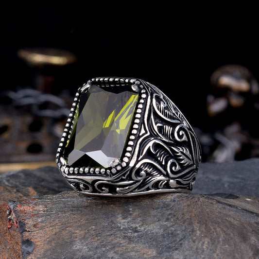 925 Ayar Gümüş Haki Zirkon Taşlı Erkek Yüzük