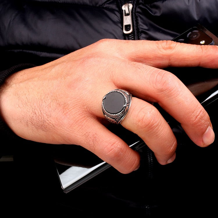 925 Sterling Silber Herrenring mit Onyx Stein und Adler Motiv