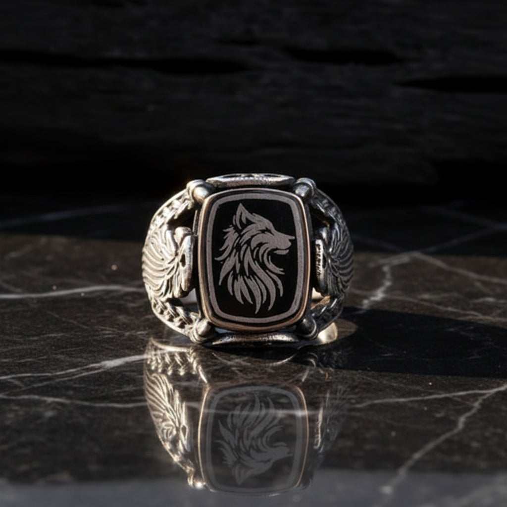 Men’s Silver Ring with Bozkurt and Eagle Details