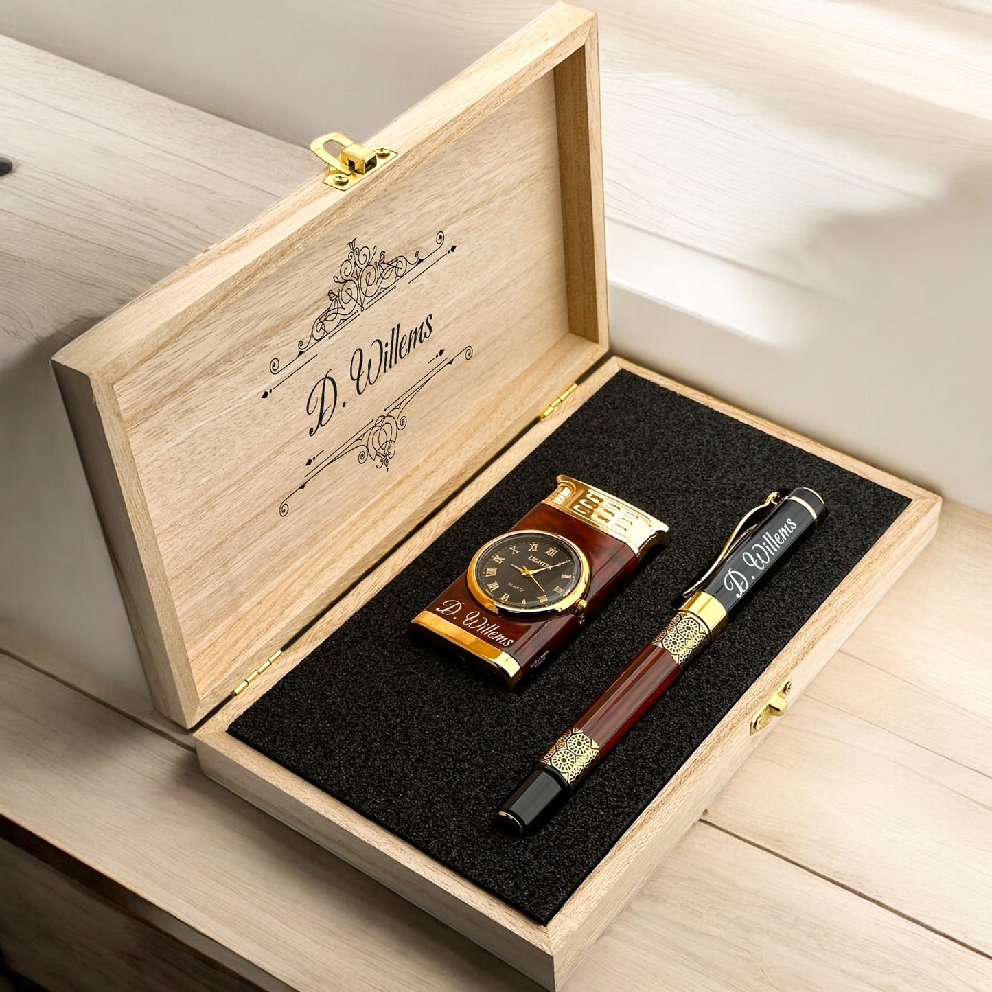 Personalized Rollerball Pen and Lighter with Clock Luxury Gift Set