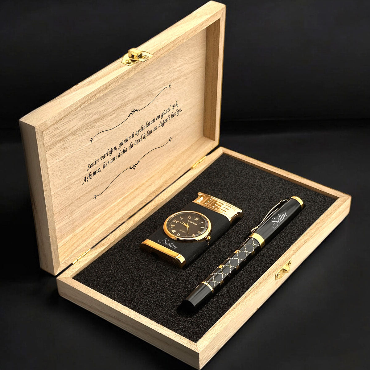 Roller Pen with Personalized Name and Lighter with Clock Gift Set