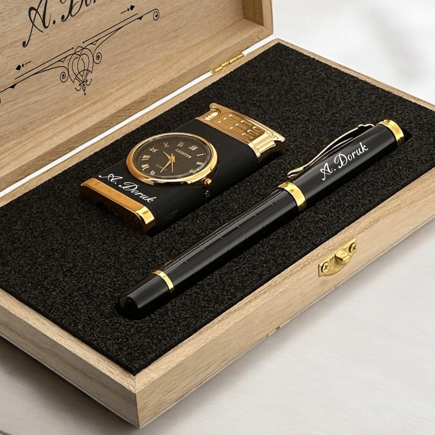 Personalized Name Written Roleler Pen and Clock Lighter Gift Set