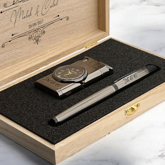 Personalized Name Written Roleler Pen and Clock Lighter Gift Set