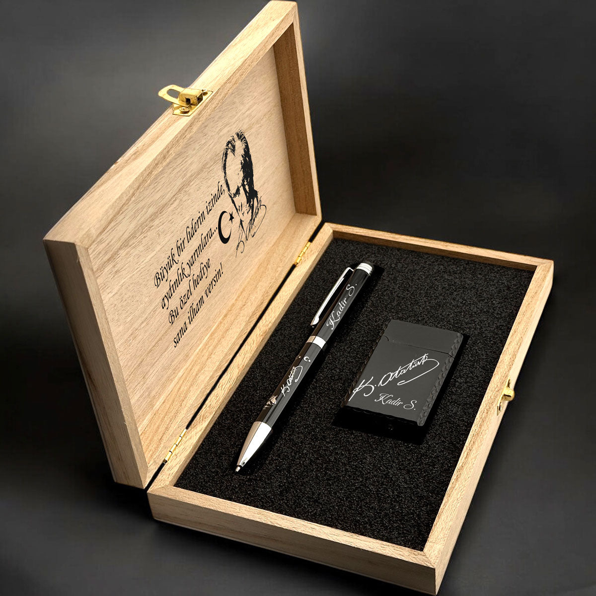 Personalized Atatürk Silhouette & Signature Pen & Lighter Set – Wooden Box