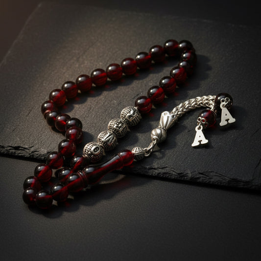 Personalisierte Ates Kehribar Tesbih | Feuer-Bernstein | Holzbox