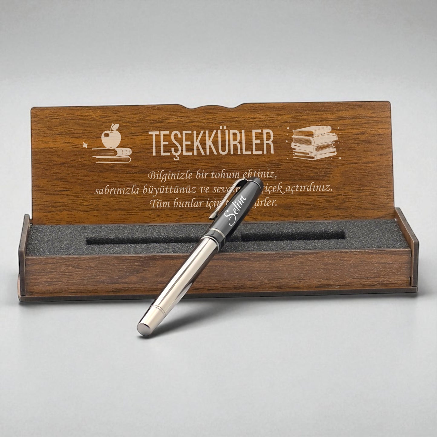 Teşekkür Mesajlı Kişiye Özel Roller Kalem - Ahşap Kutulu