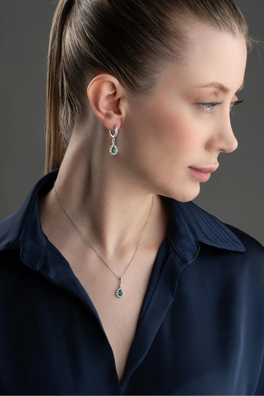 Emerald Sparkle 925 Sterling Silver Earrings & Necklace Set