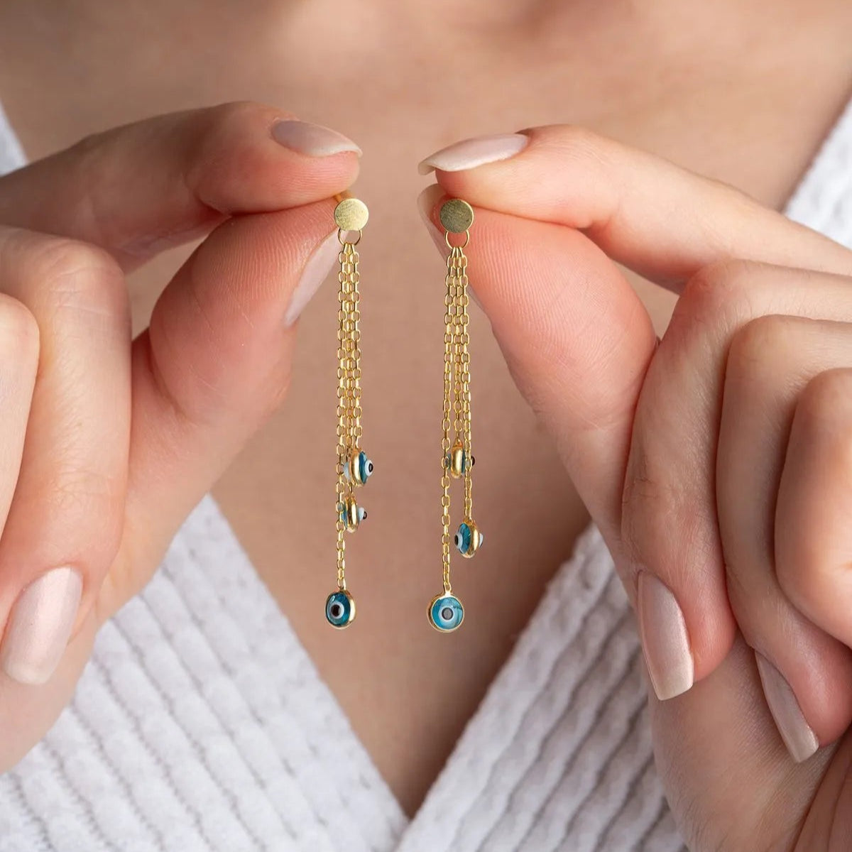 Sallantılı Nazar Küpe – 925 Ayar Gümüş – Blue Aura