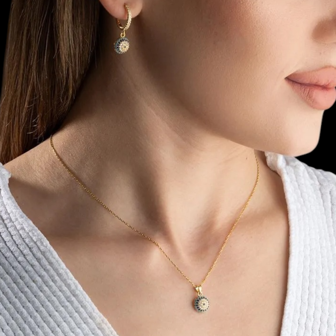 Nazarlı Kolye Küpe Seti - 925 Ayar Gümüş