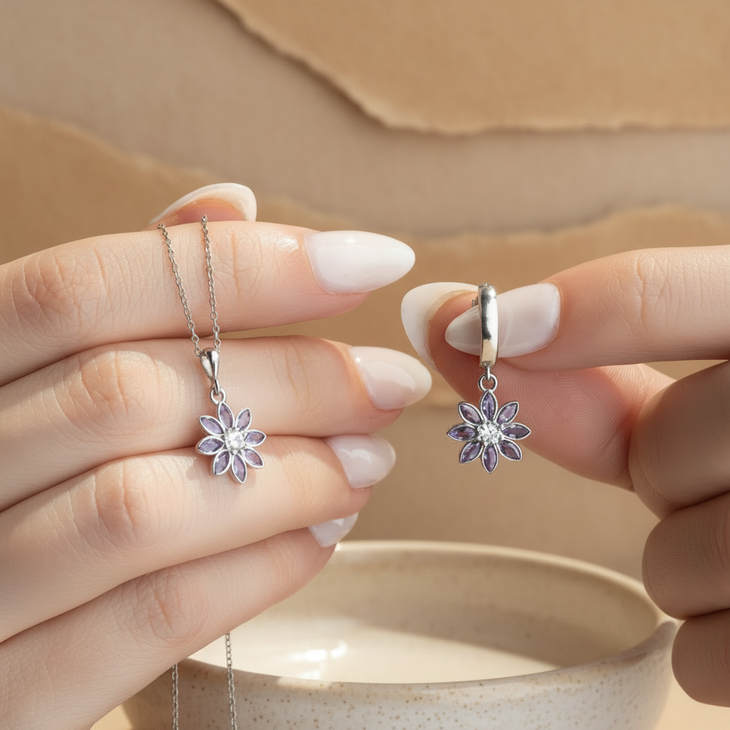 Lotus Schmuckset mit Lila Steinen (Halskette & Ohrringe) – 925er Silber