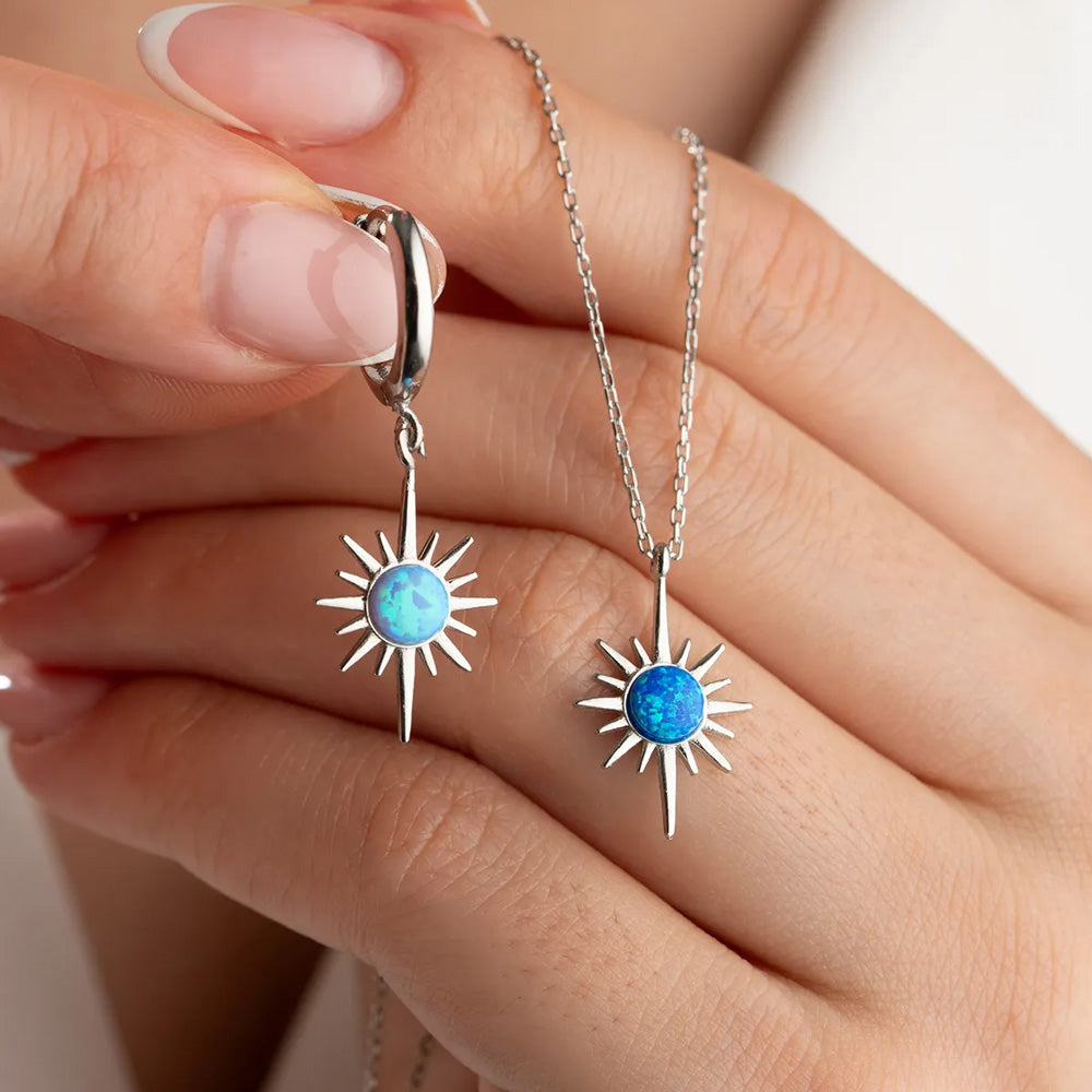 925 Ayar Gümüş Opal Yıldızı Kolye Küpe Seti