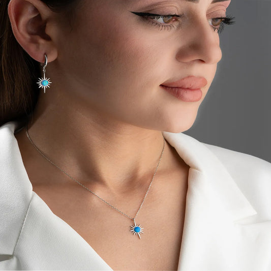 925 Sterling Silver Opal Star Necklace Earrings Set