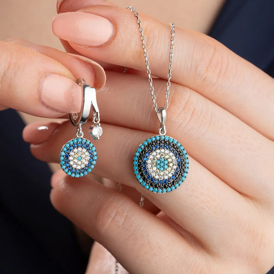 925 Sterling Silver Eye Eye Nazar Necklace Earrings Set
