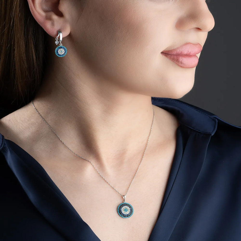 925 Sterling Silver Eye Eye Nazar Necklace Earrings Set