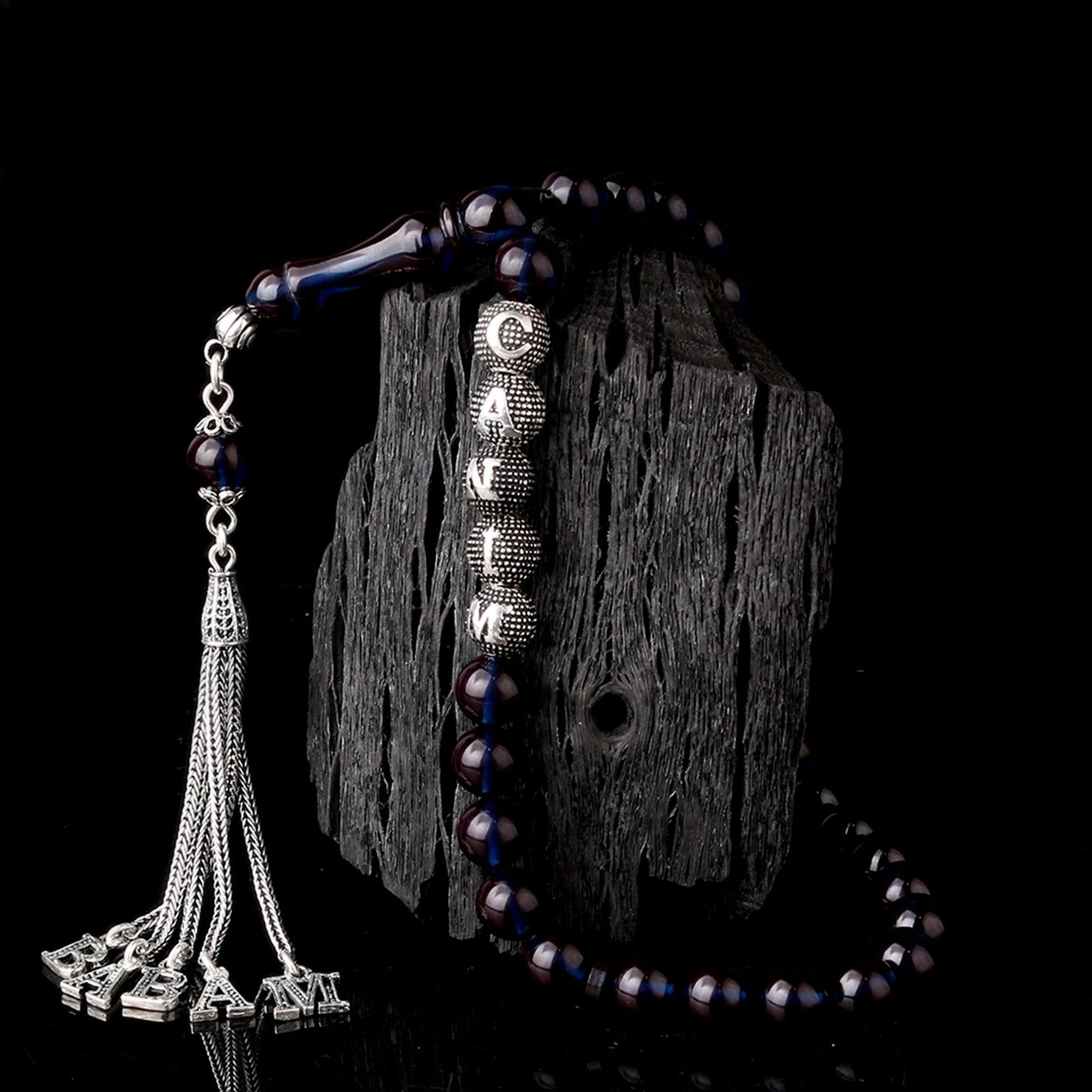 My dear father written dark blue fire amber rosary - 925 sterling silver