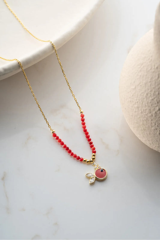 925 Ayar Gümüş Boncuklu Kırmızı Mineli Balık Kolye