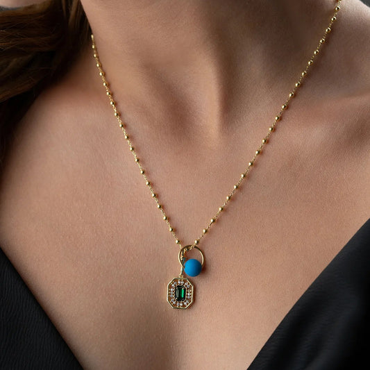 925 Sterling Silver Green Baguette Stone Lucky Necklace