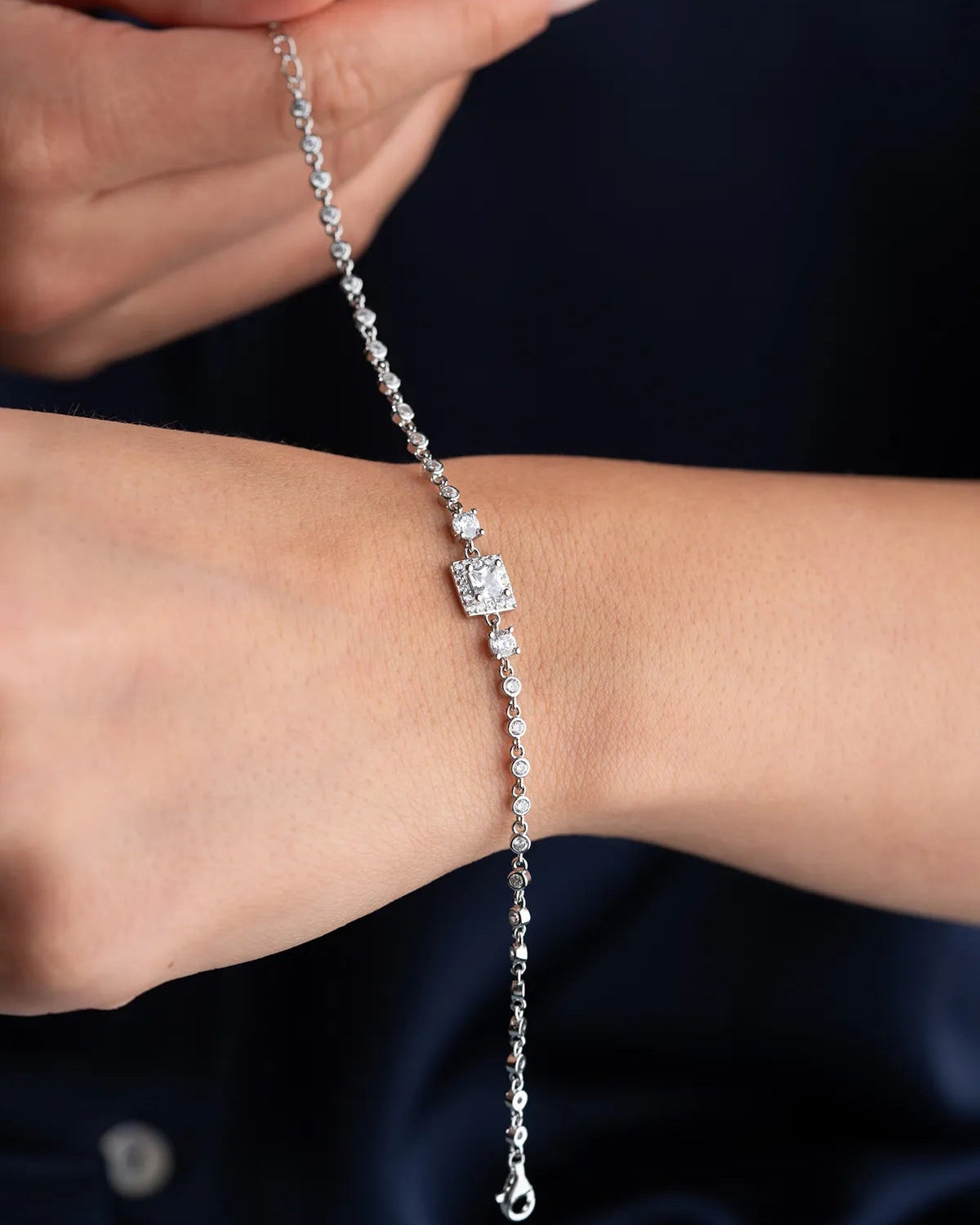 925 Sterling Silver Square Stone Waterway Bracelet