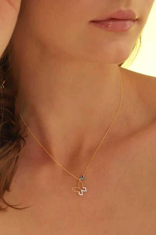 925 Setting butterfly and evil eye bead silver necklace