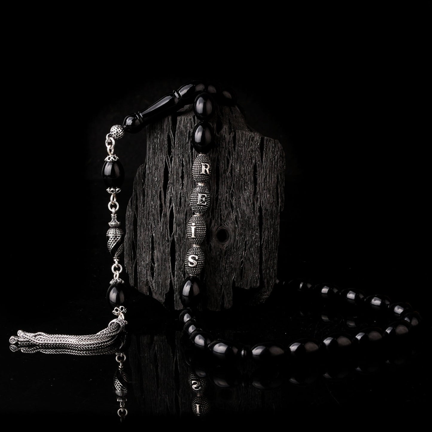 Isim Written Black Fire Amber Rosary - 925 Sterling Silver